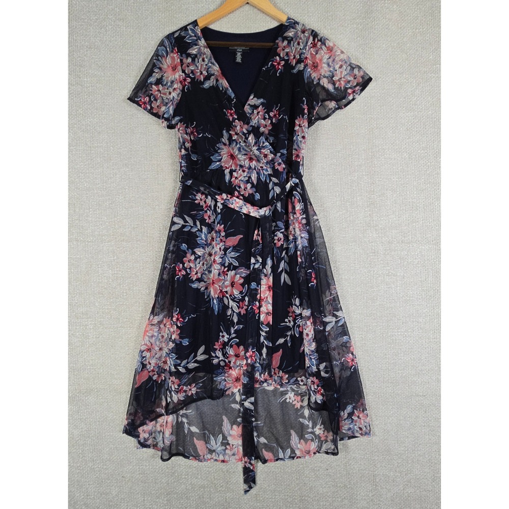 R&M Richards Womens‎ Petite 10P Navy Floral Mesh High-Low Faux Wrap Dress